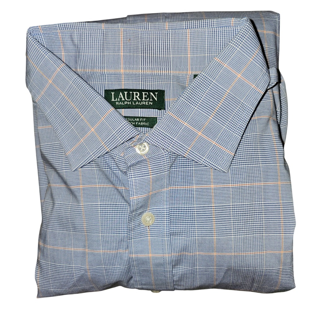 Lauren Ralph Lauren Men's XL 17 34/35 Blue Plaid Regular Fit Stretch Dress Shirt